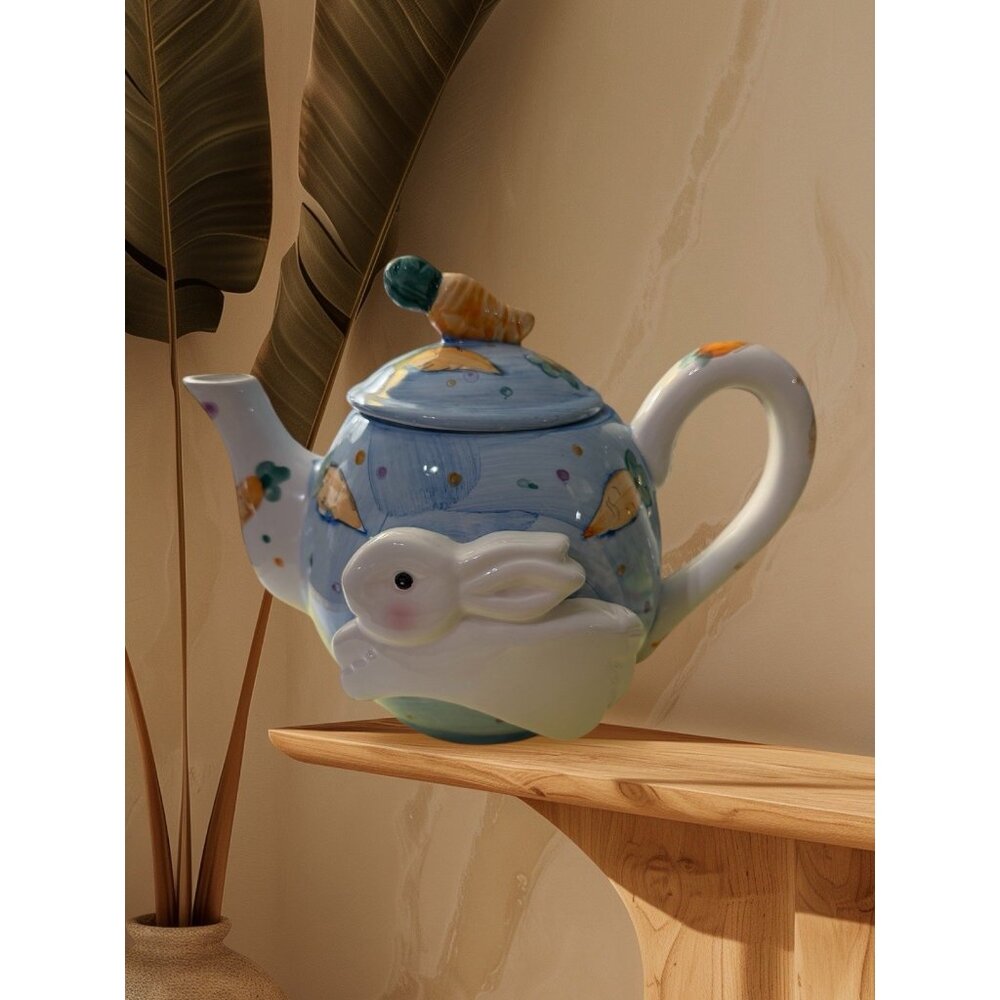 VTG WCL Hand Painted Ceramic Teapot With Bunny And Carrots 1990 3D